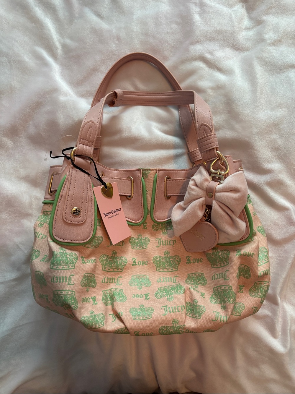 Juicy Couture Pink and Green Fan Club Satchel Bag